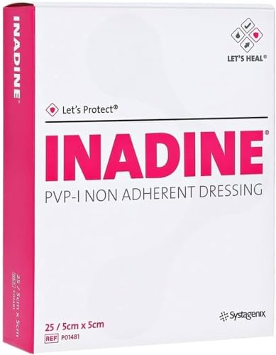 Inadine 5 cm x 5 cm X5 non-adherent Wound Dressings, Iodopovidone, antimicrobico