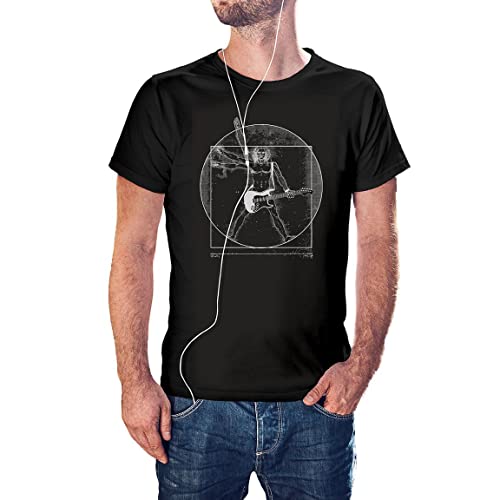 KMF T-SHIRT | Camiseta Unisex, algodón 100%, Manga Corta, Cuello Redondo, HD Print | Suave, Resistente al Lavado, diseño Personaje Caricatura, da Vinci Vitruvio, Rock Guitarra (L, Negro)