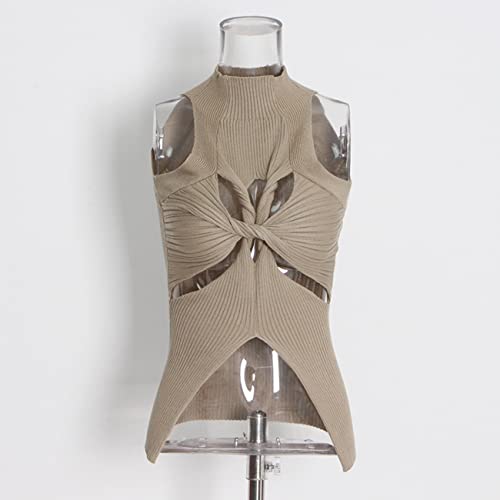 Safrisior Women Sexy Hollow Out Twist Front Knitted Tank Tops Sleeveless High Neck Cut Out Sweater Vest Khaki #TOP1