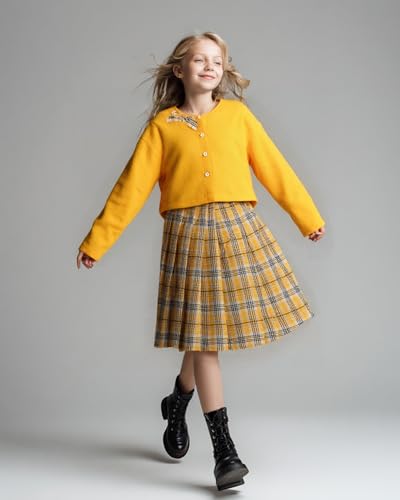 Image of PureChapter Girls' Preppy Clothes Plaid Vest Dress Cardigan Jacket Belt Cute Kids Clothes 7-14Y Green