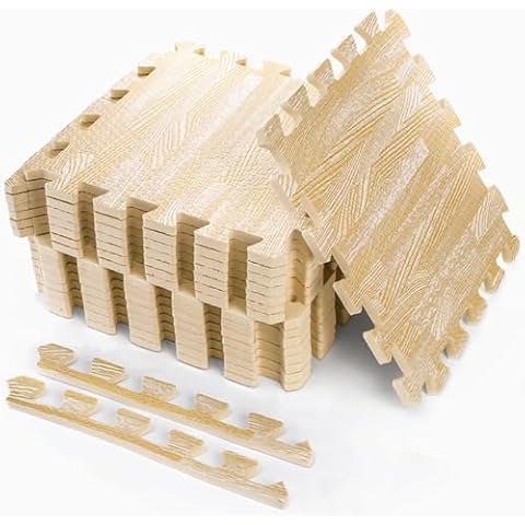 Tebery 16 Pieces Printed Wood Grain Floor Tiles 3/8-Inch Thick EVA Foam Puzzle Floor Mat (White Wood) Cover