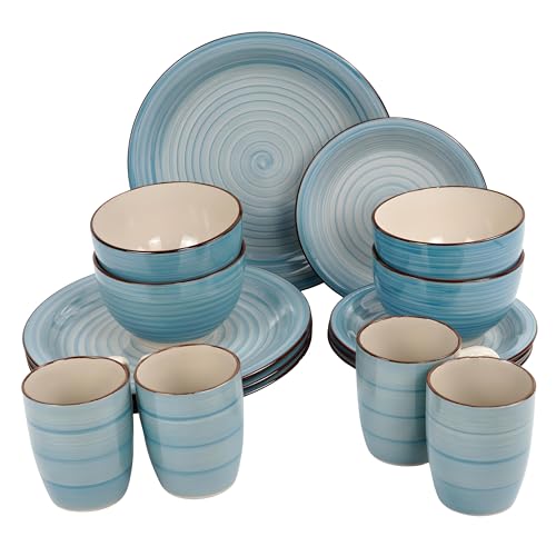 DIVCHI 16 Piece Dinnerware Set Kitchen Dinner Sets For 4 | Dessert Plates | Cereal Bowls | Mugs | Side Plate | Tableware | Combination Sets (Round Dinnerware Set, Teal Blue & White)
