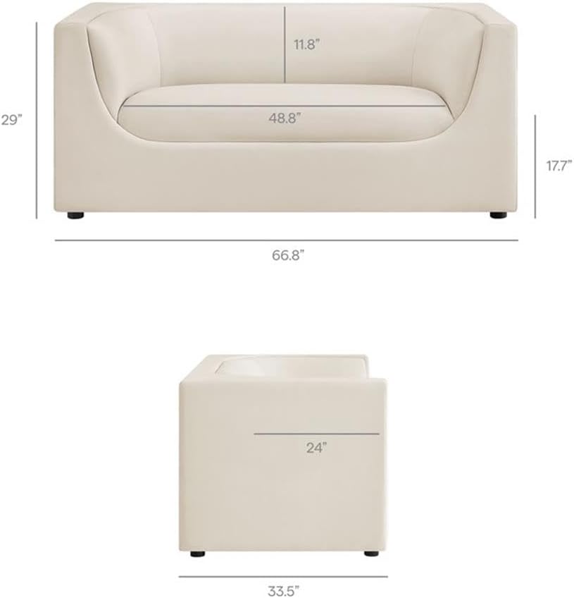 Pemberly Row 67" Curved Back Performance Velvet Loveseat, Alabaster Finish, Modern Silhouette, Stain-Resistant Upholstery, Non-Marking Floor Glides, 2-Seat Sofa for Living Room or Small Spaces