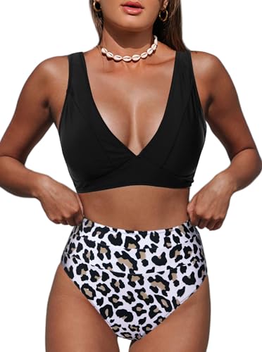 Image of Hilinker Women's Leopard Bikini Swimsuits V Neck High Waisted 2 Piece Bathing Suits