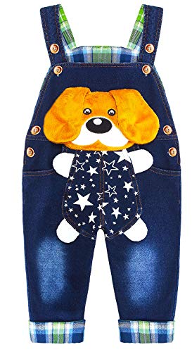 KIDSCOOL SPACE Baby Denim Overalls,3D Cute Cartoon Dog Knitted Jean Dungarees,Blue,3-4 Years