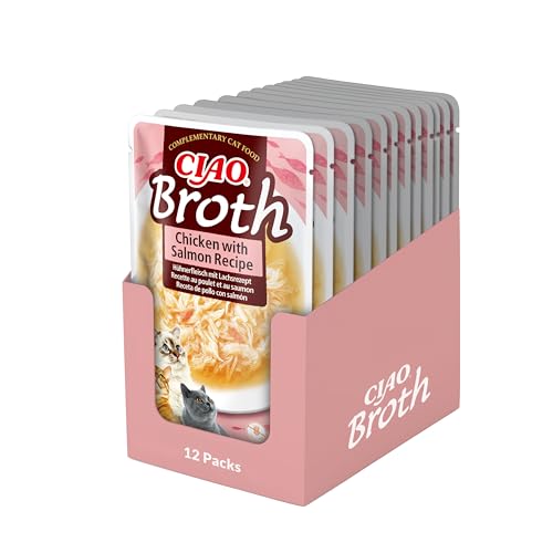 Ciao Broth by INABA Wet Cat Food - Chicken with Salmon - 12 Packs (480g total) / Moist Treat Delicious & Healthy Snack Food Topper Side Dish Complement Natural Grain Free Wet Cat Food