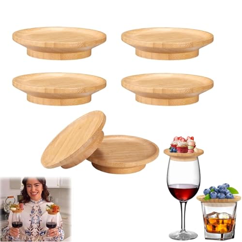 GIONAR 6 decorazioni per salumi per calici da vino, in bambù, 2 in 1, con coperchio, protezione antipolvere per flute da vino rosso, whisky e champagne