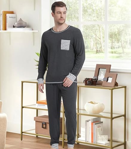 Image of NACHILA Mens Pajamas Set Long Sleeve Henley Sleepwear Top Soft Jogger Pants Pajamas Cool Pjs Set,Viscose Made from Bamboo