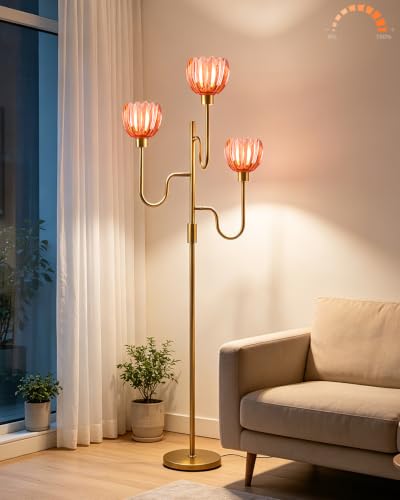 Image of Lightdot Dimmable Red Glass Floor Lamp Mid Century Modern Gold Floor Lamps with Warm White Bulbs Included 3-Arm Standing Tall Lamp with 5Lbs Heavy Base for Living Room /Bedroom /Home Office