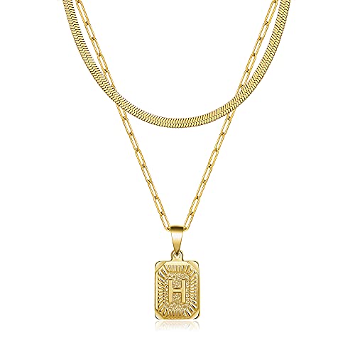 JoycuFF Initial Necklaces 18K Gold Plated Paperclip Necklaces Herringbone Chain Simple Cute Letter Pendent Gold Layered Necklaces for Women H