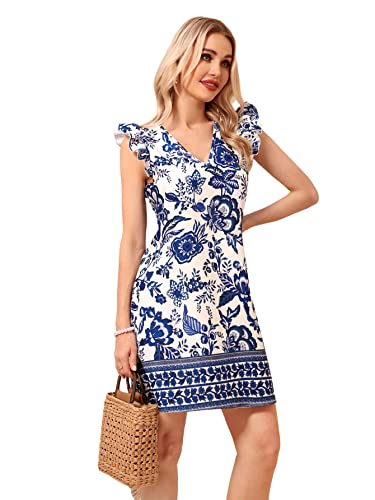 Image of Floerns Women's Solid V Neck Ruffle Trim Cap Sleeve Summer Tunic Dress