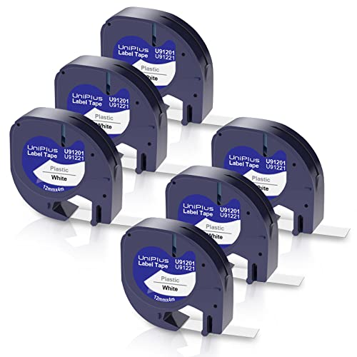 UniPlus Compatible Cintas de Etiquetas Compatible con Dymo Letratag 91201 91221 S0721660 Plastico Casetes de Cinta para DYMO LT-100H LT-100T LT-110T QX 50, 12 mm x 4 m, Negro sobre Blanco, 6-Pack Cover