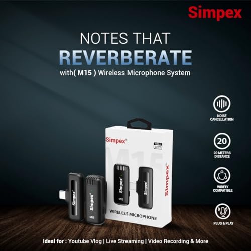 Image of Simpex M15 Wireless Microphone & Receiver with Type C, Noise Cancellation, Mic Suitable for Vlog You Tube Live Streaming Video Recording and More.