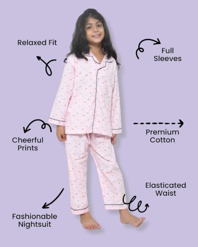 Image of Girls Premium Cotton Full Sleeves Printed Nightsuit Set | Collar Style Night Dress for Girls | Soft & Breathable Pajama Set | Trendy Kids Sleepwear & Nightwear