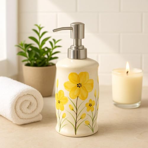 Image of Ceramic Soap Dispenser 330ml (Set of 1) | Flower Design Refillable Hand Wash, Lotion & Liquid Soap Pump Bottle | Premium Ceramic Bathroom, Kitchen & Vanity Accessory | Yellow