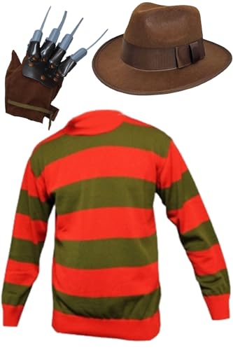 Mega_Jumble Kids Freddy Krueger Hat, Glove & Red And Green Stripe Knitted Jumper Nightmare On Elm Street ~ Childs Boys Girls Carnival Accessories Show Horror Props (11-12 years)