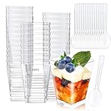 BIGP 50 Stück Desserttasse mit 50 Stück Löffeln, Re-usable 160ML Dessertbecher Klare Dessertschalen Wiederverwendbar Quadratischer Desserttassen Trapezoid Becher für Zuhause Desserts Pudding Mousse