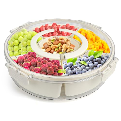 TPVUPC Snack Box Con 6 Compartimentos, Snack Spinner, Caja de Aperitivo con Tapa, Redonda Caja Organizadora Aperitivos, Bandeja Aperitivos con Tapa, Bento Box Para Picnic Snacks Frutas