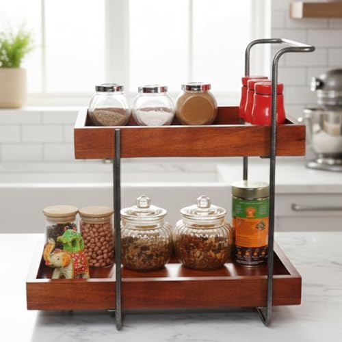 Image of Premium Woodpecker Wooden kitchen rack| Shelf with 2 Spacious Compartments, Easy Kitchen Grocery Organiser, Organizer, Kitchen Spice Racks and Storage, Antique Black & Brown.