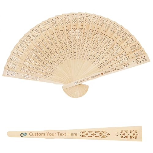 BOICHEN 1 Pcs Personalized Folding Wedding Hand Fans Custom Sandalwood Fans with Organza Bags Wedding Favors Beach Party Gathering Gifts for Guests