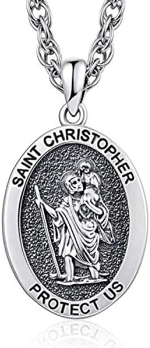 KINGWHYTE St Christopher Necklace Mens Womens 925 Sterling Silver Oval St. Christopher Medal Protection Necklace With Stainless Steel Chain 20"+2"