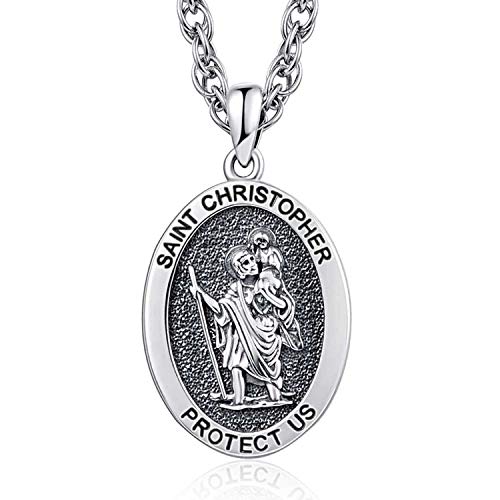 St Christopher Necklace Mens Womens 925 Sterling Silver Oval St. Christopher Medal Protection Necklace With Stainless Steel Chain & Black Leather Cord