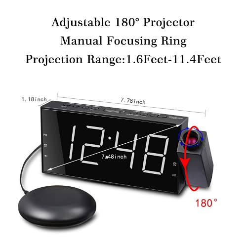 Luide wekker met bedschudder, projectiewekker voor de slaapkamer, trilwekker voor zware slapers met gehoorbeperking, plafondklok met groot led-display dimmer, USB-oplader, 12/24 H, DST - Image 5