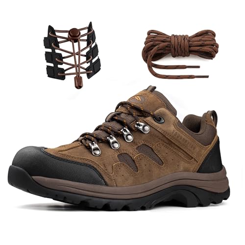 CC-Los Men's Hiking Shoes Waterproof | Suede Leather Lace-Free Lightweight Breathable Trekking Outdoor Work Shoe | Brown Size 12