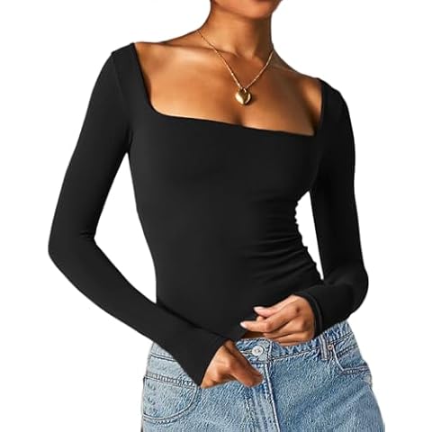 Beumissy Women's Sexy Long Sleeve Square Neck Tops Slim Fitted Double Lined Basic Shirts(Black,Small) Cover