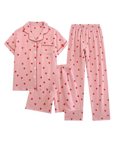 Image of codcm Womens 3pcs Cotton Pajamas Set Short Sleeve Sleepwear Fruit Print Cute Pj Set with Long Pants