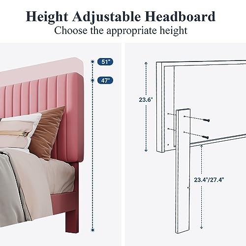 Image of Allewie King Bed Frame, Velvet Upholstered Platform Bed with Adjustable Vertical Channel Tufted Headboard, Mattress Foundation with Strong Wooden Slats, Box Spring Optional, Easy Assembly, Pink