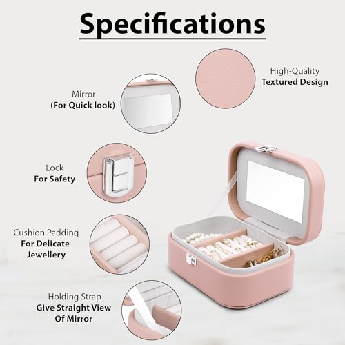 Image of BucketList PU Leather Jewellery Organizer Box with Mirror | Travel-Friendly Jewelry Storage Case with Ring Slots & Secure Lock (Travel Jewellery Box with Mirror (Pink))