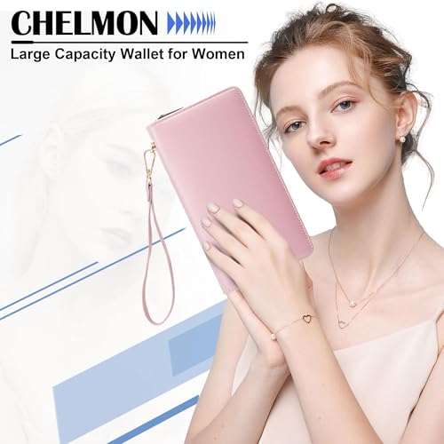 Image of Chelmon Womens Wallet Geunine Leather RFID Blocking Purse Credit Card Clutch (Pebble Pink)