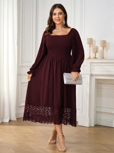 Women's Plus Size Maxi Dress Long Sleeve Square Neck Smocked Flowy A-Line Lace Trim Wedding Guest Dresses2