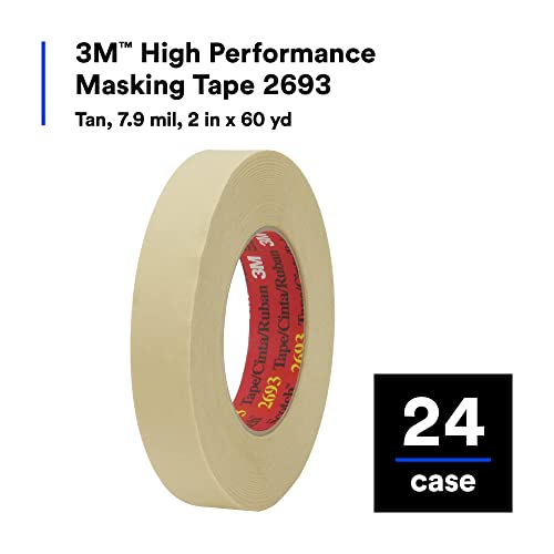 Image of 3M High Performance Masking Tape 2693, Heavy Duty, Clean Removal, Tan Color, 7.9 mil, 2 in x 60 yd, 24 /Case