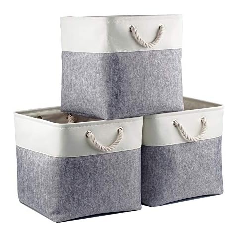Mangata Aufbewahrungsbox Stoff, aufbewahrungskorb Grau Weiß, Korbe Stoff in Würfel (25x25x25 cm) für Schrank, Regal, und Kleidung, (Faltbare, 3er Pack) Cover
