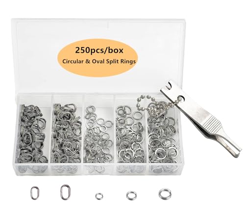 Drchoer Small Split Ring Assortment Kit: 250pcs Stainless Steel Fishing Oval Split Ring and Pliers Set - Fishing Tackle Lure Hook Connector for Lure Making