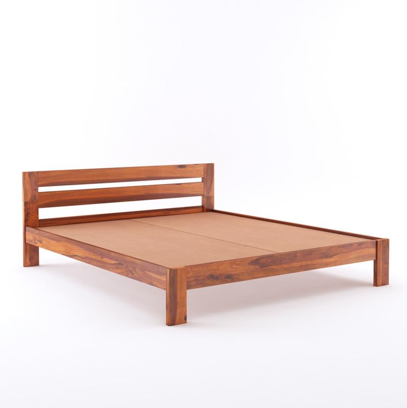 Image of Solid Sheesham Wood King Size Bed Without Storage | Wooden Double Bed Cot Bed for Bedroom Furniture | Palang Double Bed for Hotels | Honey Finish