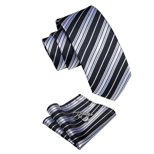 Image of YourTies Black White Ties for Men Striped Tie Woven Silk Necktie Handkerchief Cufflink Set Formal Business Party Wedding
