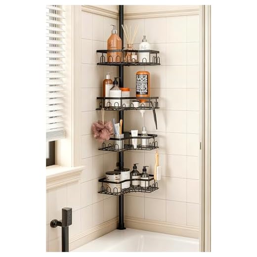 HouseUp Duschregal Teleskop ohne Bohren, Höhenverstellbare Duschablage Ecke mit 4 Ablagen, Badewanne & Küche Eckregal, Shampoo Halterung, Edelstahl (82-296cm)