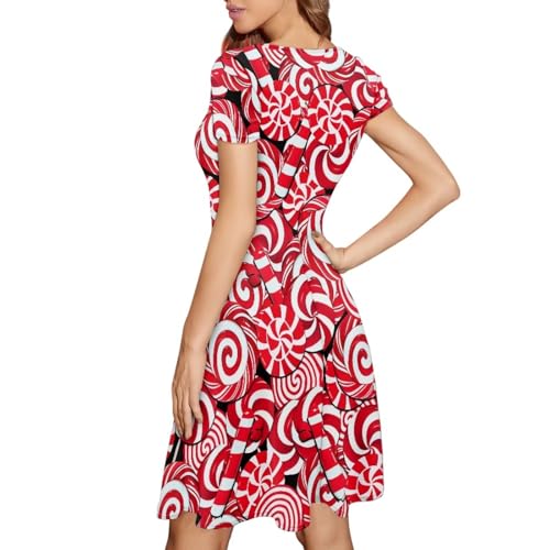 Image of POLERO Women Puffy Swing Elegant Party Midi Dresses Short Sleeve Round Neck A-Line Dress