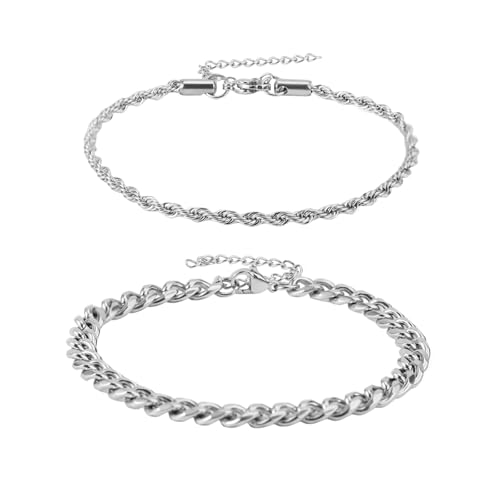 2pcs Silver Chain Bracelet for Men, Durable Waterproof Stainless Steel Cuban Link Bracelet Easter Gifts Fashion Men’s Jewelry for Him or Teens Boys Gift Ideas