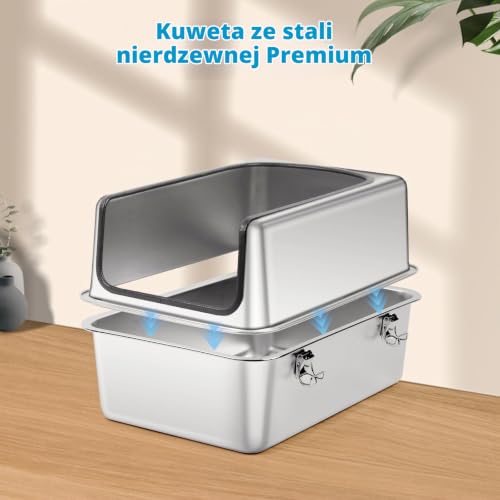 Bartuke Duża kuweta dla kota ze stali nierdzewnej, 50 cm dł. x 35 cm szer. x 30,5 cm wys., częściowo zamknięta, metalowa kuweta ze zdejmowaną obudową z wysokiej strony, szufelka, zapobiegająca