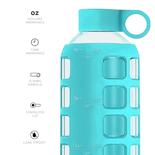 purifyou 40oz / 32oz / 22oz / 12oz Borosilicate Glass Water Bottle with Time & Volume Markers, Silicone Sleeve, Stainless Steel Lid | Reusable Glass Bottle for Water & Juice (22oz Aqua Blue)