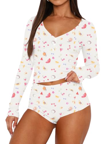 Image of REVETRO Fall Womens 2 Piece Pajama Sets Sexy PJ Shorts Y2k V Neck Long Sleeve Lounge Set Sleepwear with Button Down