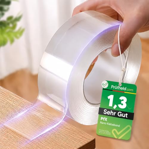 PfX Extrem Starkes Premium Nano Tape [5m] - Neue 2026 Version - Wiederverwendbares Transparentes Nano Klebeband - ACHTUNG EXTREM STARK -