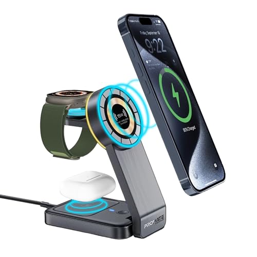 Promate Transfold 3 in 1 Wireless Charger, 23 W Foldable Magnetic Mag Safe Charger for iPhone 15/15 Plus/15 Pro/15 Pro Max, iPhone 14/14 Plus/14 Pro/Max, 13/12/11, Apple Watch, Air Pods, Black