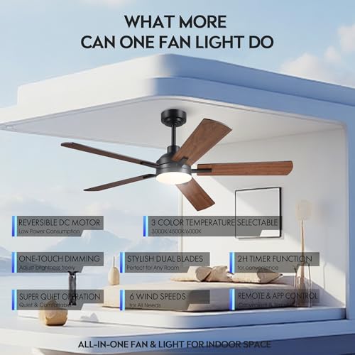 Image of JSAITEE 52 Inch Smart Ceiling Fan with Lights, Remote & App Control, DC Reversible Motor, 6 Speeds Quiet 35dB, 3CCT Dimmable LED, Low Profile Modern Ceiling Fans for Bedroom Living Room, Brown