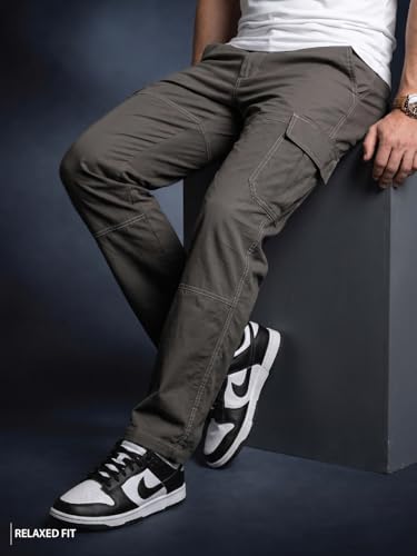 Image of Veirdo Men's Cargo Pants | Relaxed Fit Utility Trousers with Multi Pockets | Casual Streetwear Cotton Bottoms - Beige, Black & Grey| Sizes: S to XXL