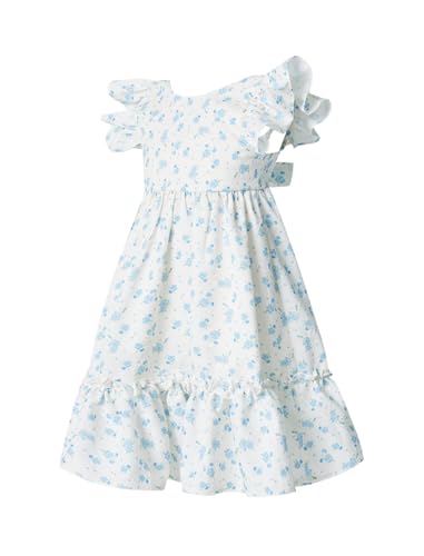 Girls Floral Dress Square Back Bow Flutter Sleeves Summer Casual Dress Rose 3-9 Y4